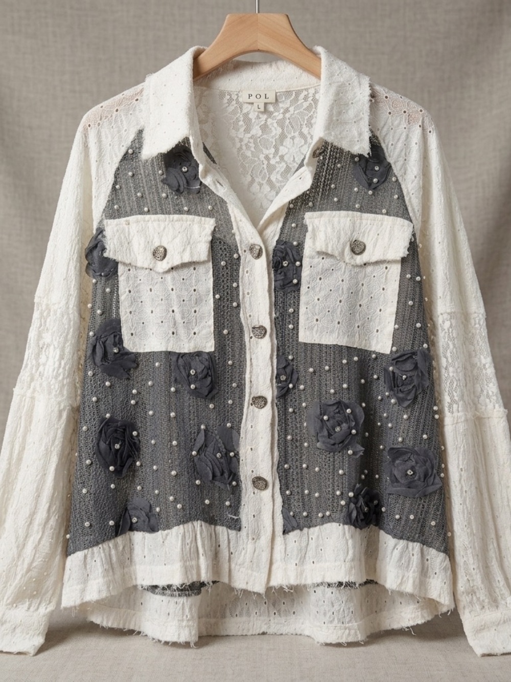 POL Embellished Lace Button-Up Jacket in Cream and Gray